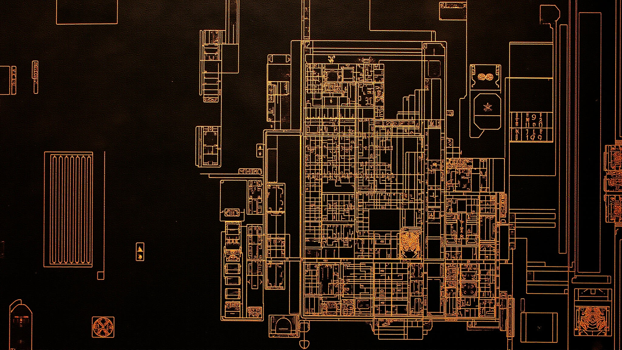 A top-down view of the silicon die, laid out like a sepia and brass walled-city floor plan on a near-black field: functional blocks read as districts and streets.