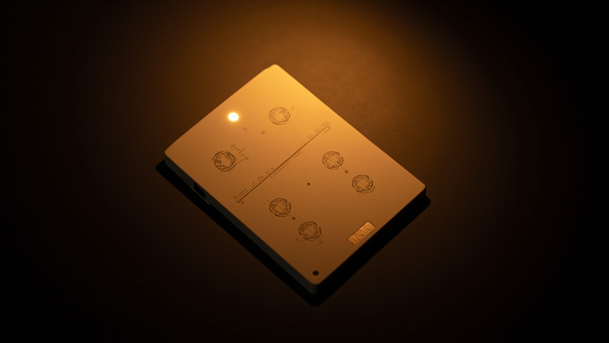 A porcelain-packaged processor resting on a near-black ground. Its glazed top carries eight sepia instrument glyphs and a small brass plaque; a single amber status light is lit. Warm light falls off to black at every edge.